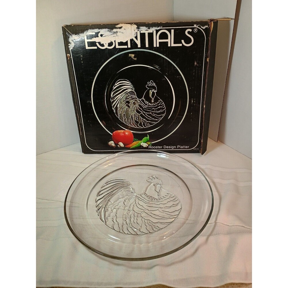 Essentials Glassware 13” Rooster Design Platter #5061 Made In USA Thanksgiving